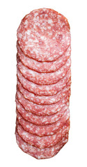 Close up of pink appetizing sausage with white circles of fat isolated on white background.