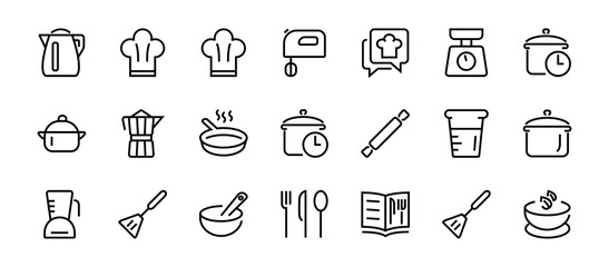 Set of icons for cooking and kitchen, vector lines, contains icons such as a knife, saucepan, boiling time, mixer, scales, recipe book. Editable stroke, perfect 480x480 pixels, white background.