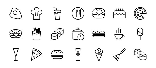 A simple set of fast food icons related to the vector line. Contains icons such as pizza, burger, sushi, bike, scrambled eggs and more. EDITABLE stroke. 480x480 pixels perfect, EPS 10