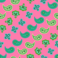 Lines of pink-Paisley Dreams seamless repeat pattern. Colorful lines pattern of paisely shapes. Fresh pattern in green,blue,yellow and pink. Surface pattern design Perfect for fabric, scrap book,