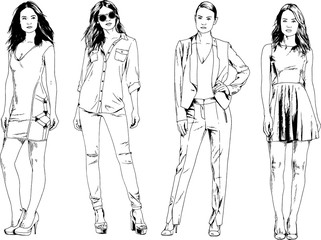 vector drawings on the theme of beautiful slim sporty girl in casual clothes in various poses painted ink hand sketch with no background