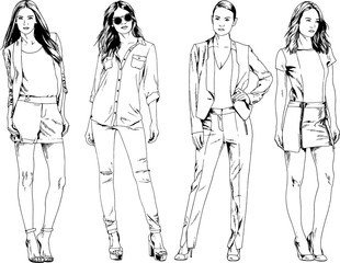 vector drawings on the theme of beautiful slim sporty girl in casual clothes in various poses painted ink hand sketch with no background