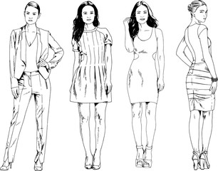 vector drawings on the theme of beautiful slim sporty girl in casual clothes in various poses painted ink hand sketch with no background