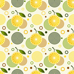 Motif harmonieux de citrons saupoudrés et de formes géométriques simples en cercles sur fond clair. Thème d& 39 été avec des agrumes. Peut être utilisé pour le web, l& 39 impression sur tissus et pour créer des bannières