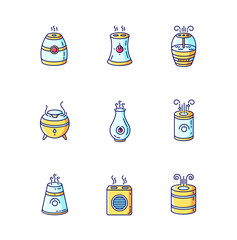 Air purifiers variety blue, yellow and red RGB color icons set. Ultrasonic and steam air cleaners, climate control devices, indoors humidity regulators. Isolated vector illustrations