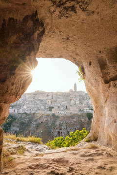 Sunset from a grotto cave in La Murgia Belvedere, Matera, Basilicata, Italy. Unesco site and European Capital of Culture 2019