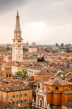 Ghirlandina tower from top of Military Academy Palace in Piazza Roma. Modena, Emilia Romagna, Italy