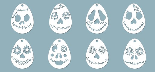 Egg pattern for laser cutting. Funny and scary faces for Easter. Plotter cutting.