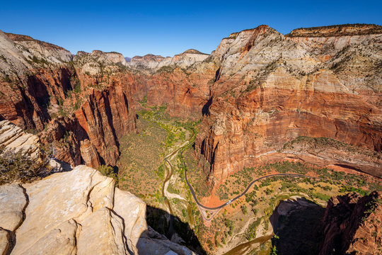 Scenic drive road in the valley at Big Bend under Touchstone Wall in Zion Canyon and taken from Angel's Landing, Zion National Park, Utah, USA
