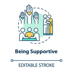 Being supportive concept icon. Helping and care about friends troubles. Sad mate comforting and encourage idea thin line illustration. Vector isolated outline RGB color drawing. Editable stroke