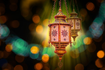 Ramadan kareem poster, celebration lamp lantern. Arabic islam culture festival decoration religious background
