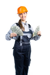 construction worker girl. The girl earned a lot of money and is very happy about it. Isolated
