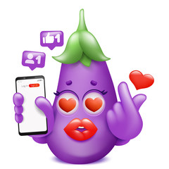 Eggplant emoji cartoon character with phone making k-pop sign. Social media sticker.