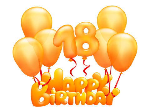 Happy birthday titl flying on yellow gold balloons. 18 anniversary greeting card template