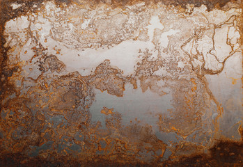 Steel textured metal sheet with heavy rust. Top view. Flat lay