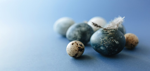Beautiful group ombre blue Easter eggs with quail eggs and feathers on a blue background. Easter concept. Border eggs. Copy space for text.