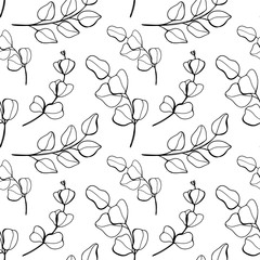 Digital art cute doodle contour eucalyptus seamless pattern on a white background. Print for invitations, cards, banners, posters, fabrics, wrapping paper, beauty business, web.