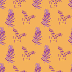 Lavender Sunset-Flowers in Bloom seamless repeat pattern. Fresh abstract lavender leaves and hearts shapes pattern background in purple and yellow . Surface pattern design. Perfect for fabric