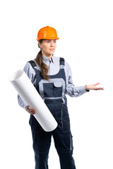 Woman builder with engineering drawings in hands wonders what to do. Isolated