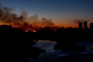 Obraz premium Bucharest, Romania- 02 24 2020: Huge bush fire in Delta Vacaresti- Parcul Natural Vacaresti , over 5 ha of vegetation burned down, fanned by strong winds. People were watching from the distance. 