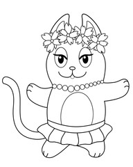 Cute dancing cat in a wreath and a ballet tutu. Kitty ballerina vector linear picture for coloring. Outline. Cute cartoon cat dancer for coloring book.