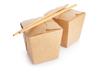 Wok paper boxes with chopsticks, isolated on white background