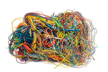Recycling industry of non-ferrous metal pile of scrap copper electrical cable on white background