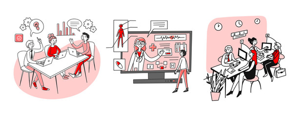 Management, service, finance jobs set. People brainstorming, posting ad in blog. Flat vector illustrations. Work, occupation, professional concept for banner, website design or landing web page