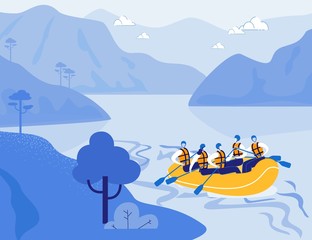 Tourists Rafting on Mountain River in Inflatable Yellow Boat. Rafting in Highlands. Extreme Sport, Tourism and Recreation Activity. Sightseeing in Nature Reserve. Trendy Flat Vector Illustration.