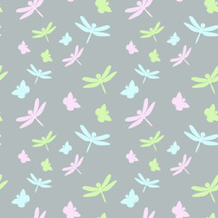 Seamless pattern with dragonflies and butterflies in different colors on grey background. Flat vector illustration.