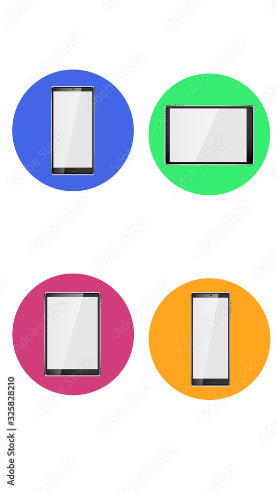 Poster set of four round icons for current with different modern mobile realistic smartphones and tablets o