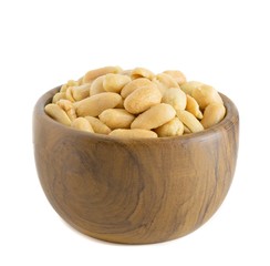 Salted peanuts in a wooden bowl isolated on a white background
