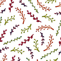 Set of watercolor drawing herbs, branches and flowers illustration. Floral botanical seamless pattern