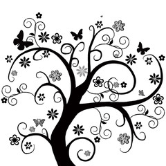 Black and white illustration, tree with flowers and butterflies.