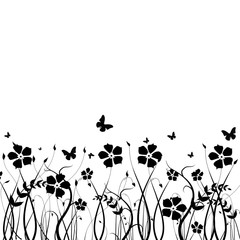 Black and white illustration, grass with flowers and butterflies.