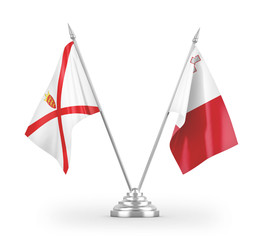 Malta and Jersey table flags isolated on white 3D rendering