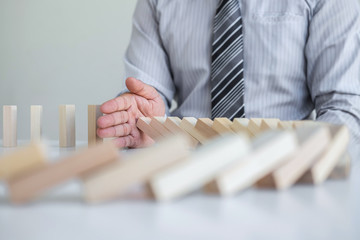 Planning Risk and Strategy in Business, Image of hand Businessman stopping and protection for...