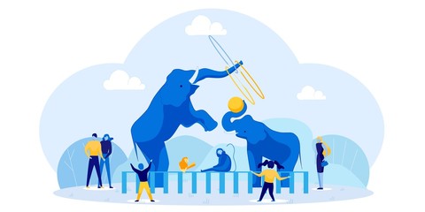 Happy Recreation at Zoo with Exotic Wild Animals. Huge Cartoon Elephants Twisting Hula Hoops on Trunk and Playing with Ball. People and Children Enjoying Tricks. Vector Flat Illustration