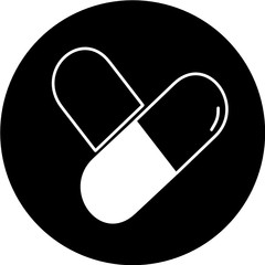 Medical pill in black circle icon. Medicine, pharmacy, hospital of drugs. Medication, pharmaceutics concept. Vector illustration. Drugs flat icon: pill, capsule. Healthcare medicine icon