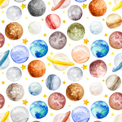 Watercolor pattern illustration of space galaxy with planets and stars