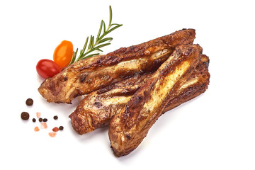 Roasted pork ribs with spices, grilled meat, isolated on white background