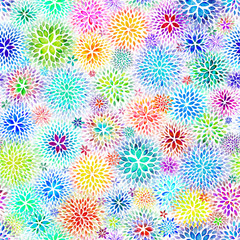 Seamless pattern of watercolor chrysanthemum flowers with shifting colors, photographed in partially wet stage where the paper texture has shiny highlights, isolated on absolute white