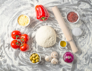 Ingredients for making neapolitan pizza. Prepare Italian pizza raw dough 