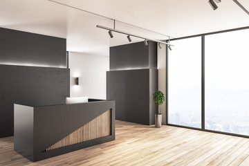 Fototapeta premium Reception desk in lobby interior with megapolis city view.