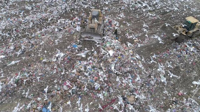 Aerial drone view of large garbage landfill
