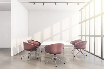 Contemporary conference room interior with copy space on wall.