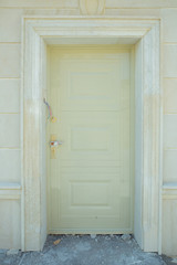 Shutter door or roller door and concrete floor outside .White Automatic shutters in a house . gates in the garage . Automatic Electric Roll-up Gate Or Push-up Door In  Building Ground Floor .