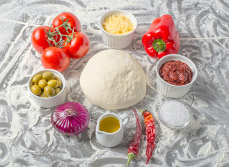 Ingredients for making neapolitan pizza. Prepare Italian pizza raw dough 
