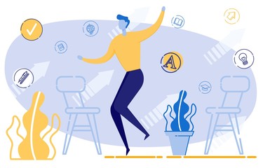 Man Cartoon Character Jumping and Cheering Happily, Celebrating Success and Personal Achievement. Self Education and Professional Growth. Successful Business Career. Flat Vector Illustration.