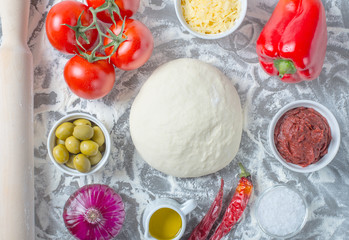 Ingredients for making neapolitan pizza. Prepare Italian pizza raw dough 